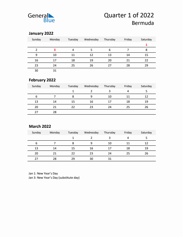 2022 Three-Month Calendar for Bermuda