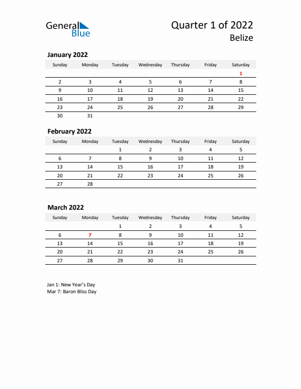 2022 Three-Month Calendar for Belize
