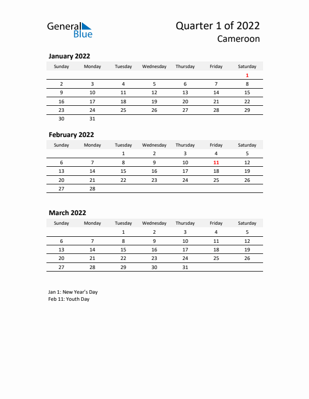 2022 Three-Month Calendar for Cameroon