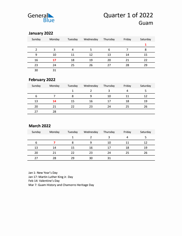 2022 Three-Month Calendar for Guam
