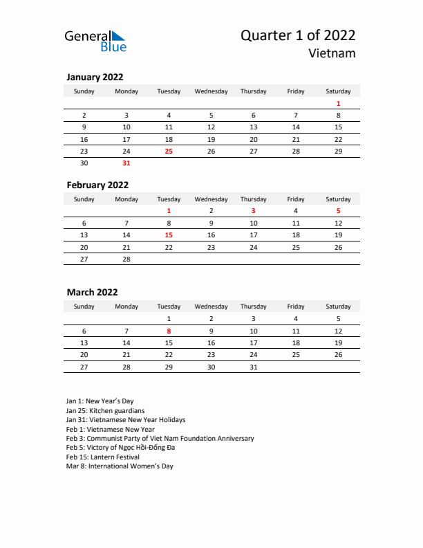 2022 Three-Month Calendar for Vietnam