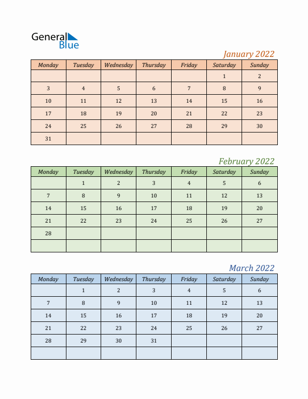 Three-Month Calendar for Year 2022 (January, February, and March)