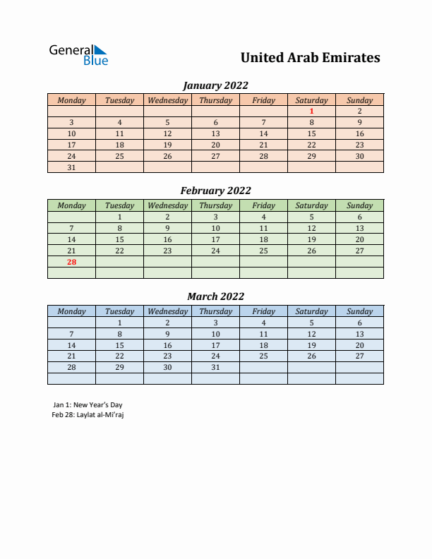 Q1 2022 Holiday Calendar - United Arab Emirates