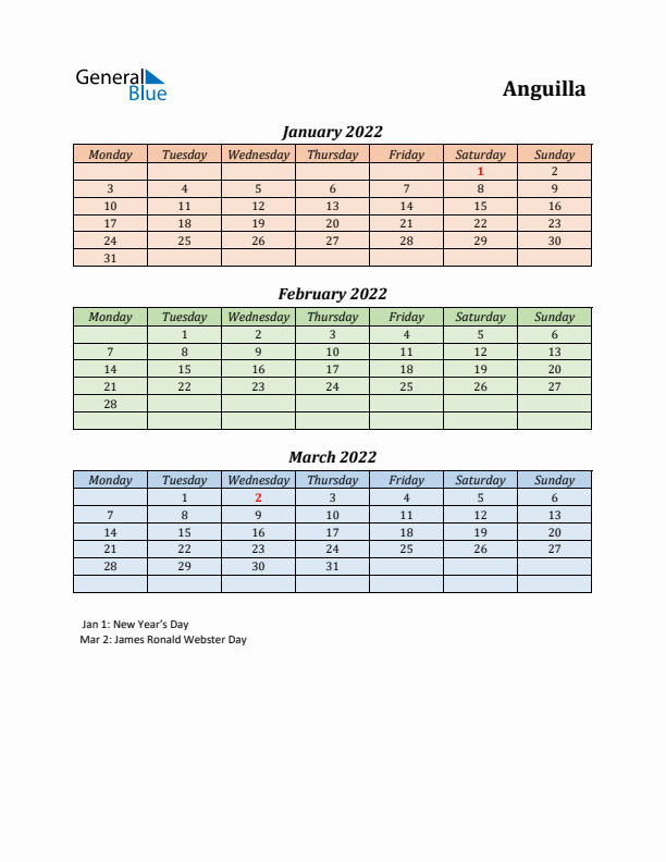 Q1 2022 Holiday Calendar - Anguilla