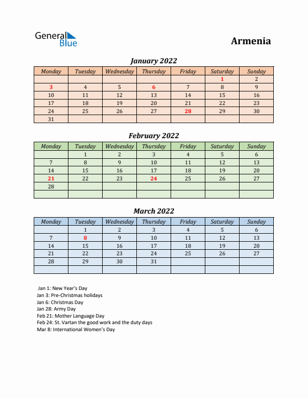 Q1 2022 Holiday Calendar - Armenia