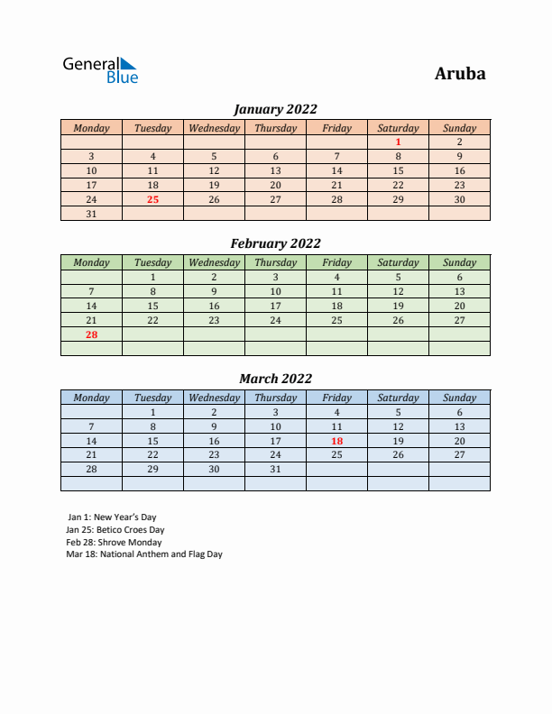 Q1 2022 Holiday Calendar - Aruba