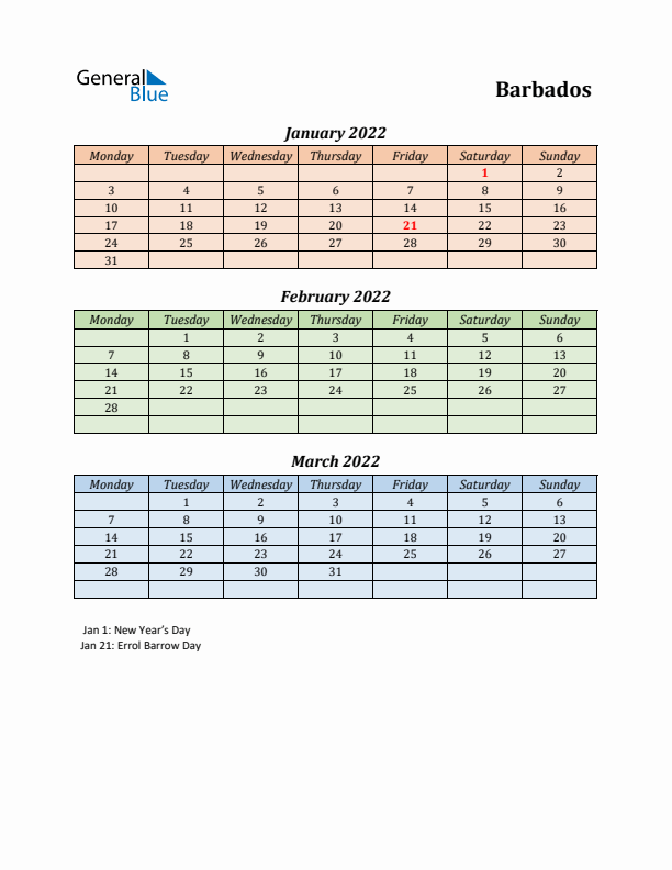 Q1 2022 Holiday Calendar - Barbados