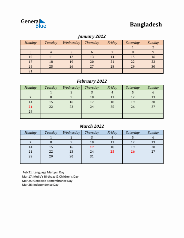 Q1 2022 Holiday Calendar - Bangladesh