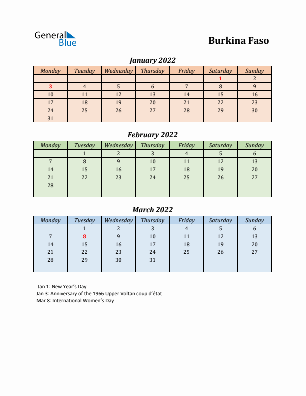 Q1 2022 Holiday Calendar - Burkina Faso