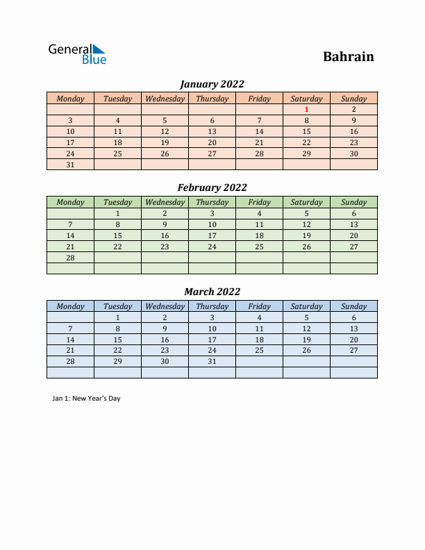 Q1 2022 Holiday Calendar - Bahrain