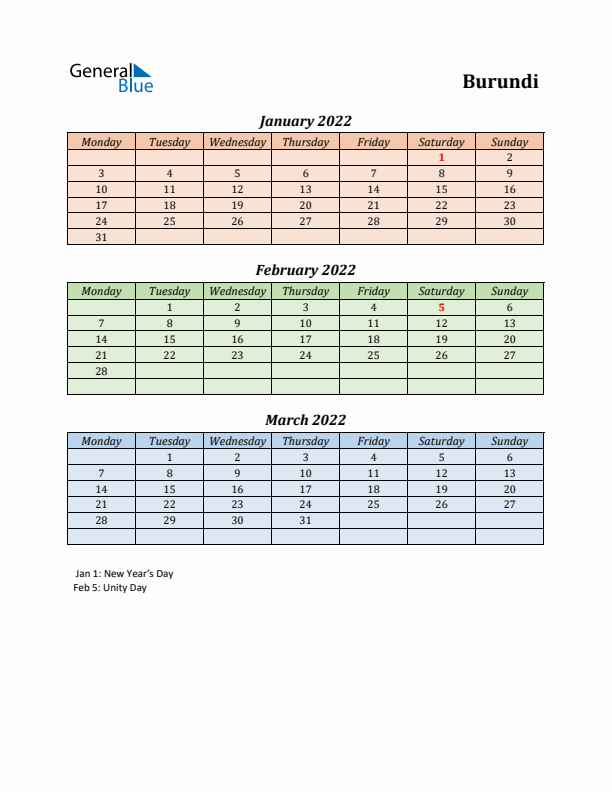 Q1 2022 Holiday Calendar - Burundi