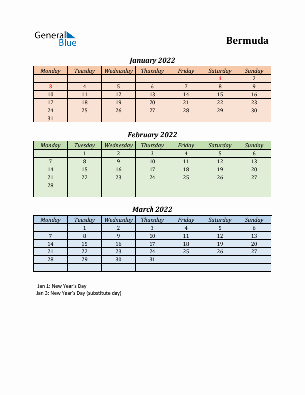 Q1 2022 Holiday Calendar - Bermuda