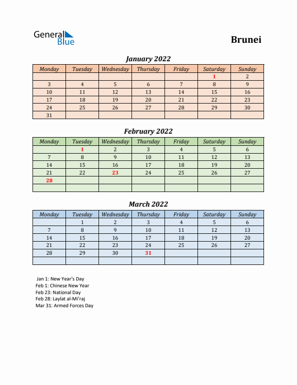 Q1 2022 Holiday Calendar - Brunei