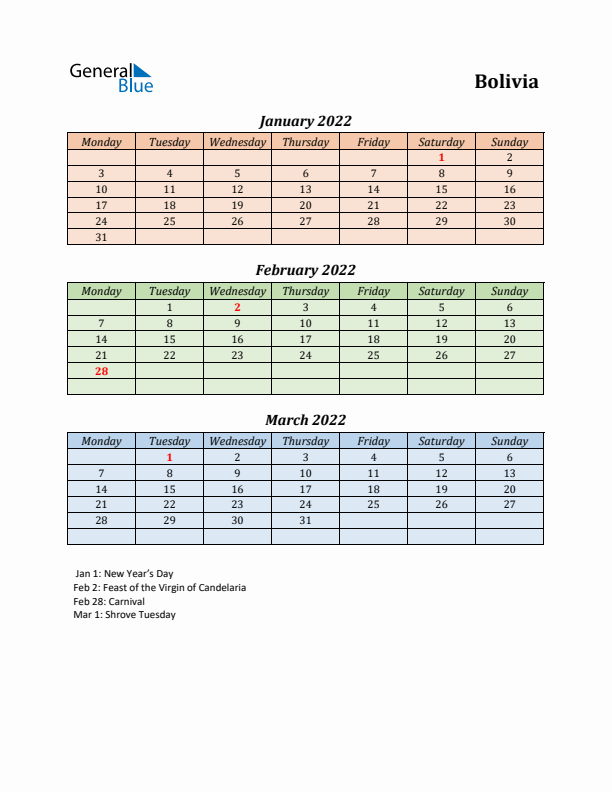 Q1 2022 Holiday Calendar - Bolivia