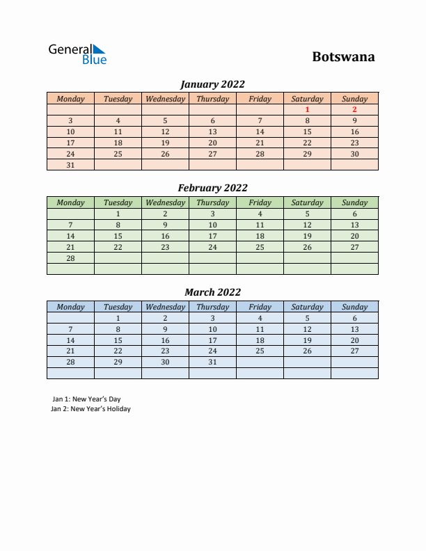 Q1 2022 Holiday Calendar - Botswana