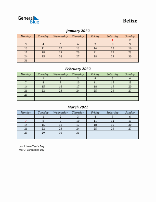 Q1 2022 Holiday Calendar - Belize
