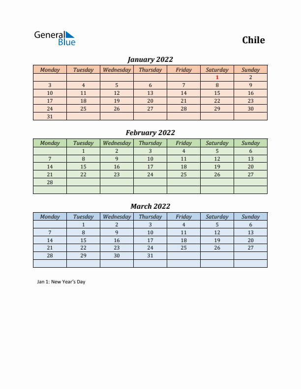 Q1 2022 Holiday Calendar - Chile