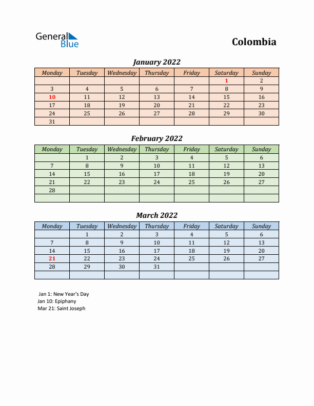 Q1 2022 Holiday Calendar - Colombia