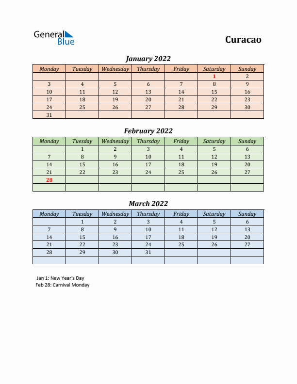 Q1 2022 Holiday Calendar - Curacao