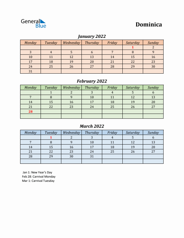 Q1 2022 Holiday Calendar - Dominica