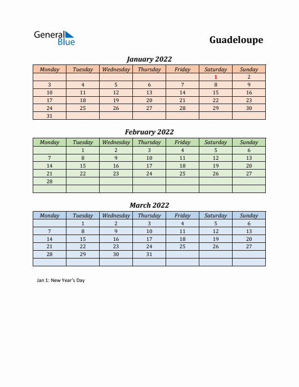 Q1 2022 Holiday Calendar - Guadeloupe