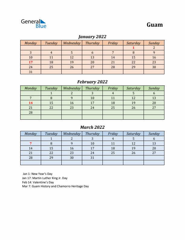 Q1 2022 Holiday Calendar - Guam