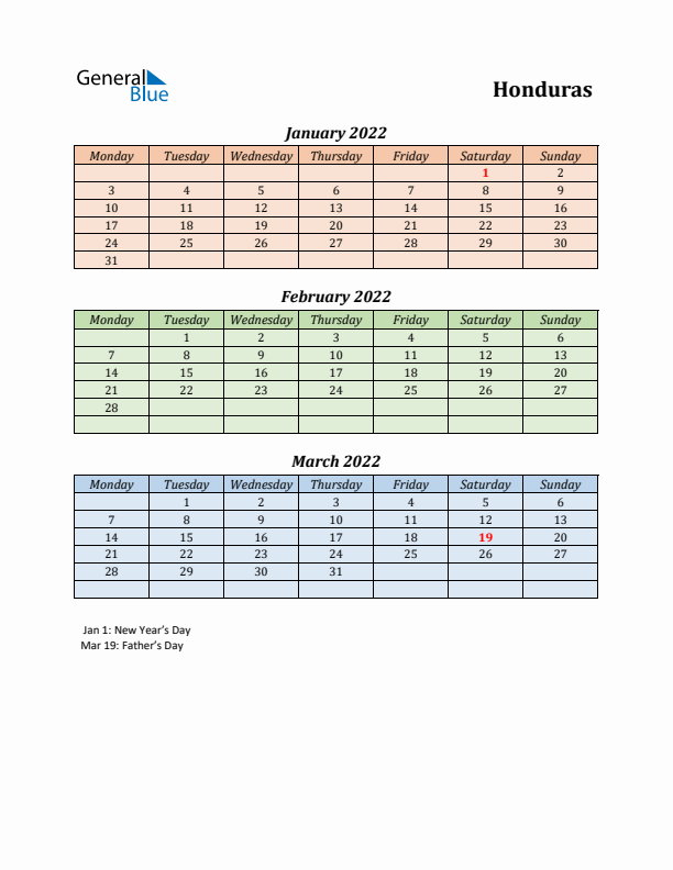 Q1 2022 Holiday Calendar - Honduras