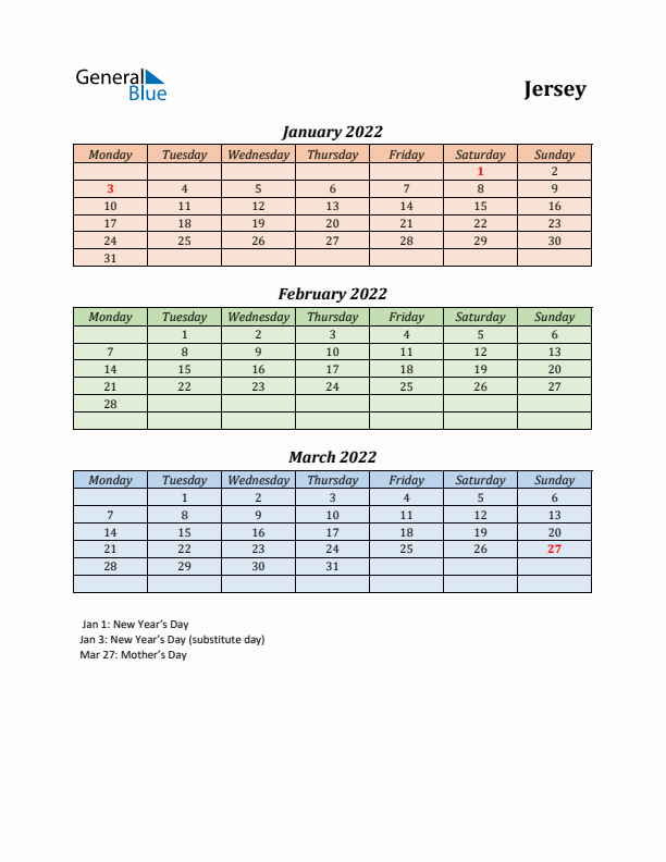 Q1 2022 Holiday Calendar - Jersey