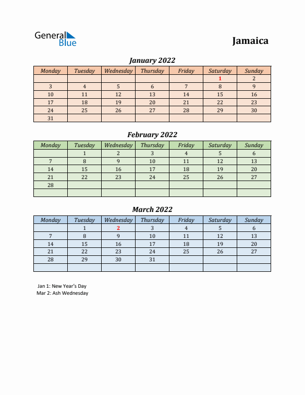 Q1 2022 Holiday Calendar - Jamaica
