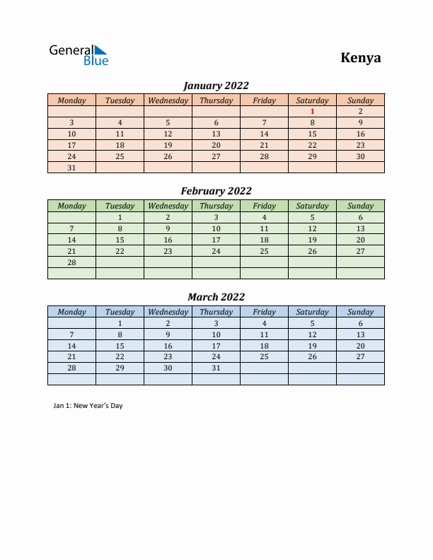 Q1 2022 Holiday Calendar - Kenya