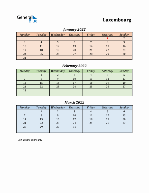 Q1 2022 Holiday Calendar - Luxembourg