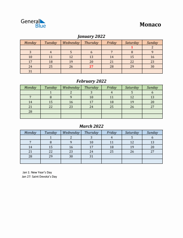 Q1 2022 Holiday Calendar - Monaco