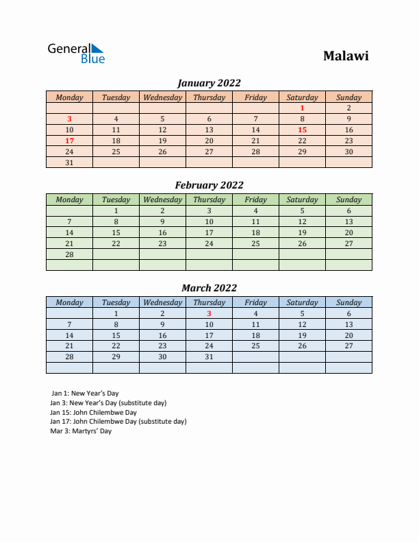 Q1 2022 Holiday Calendar - Malawi