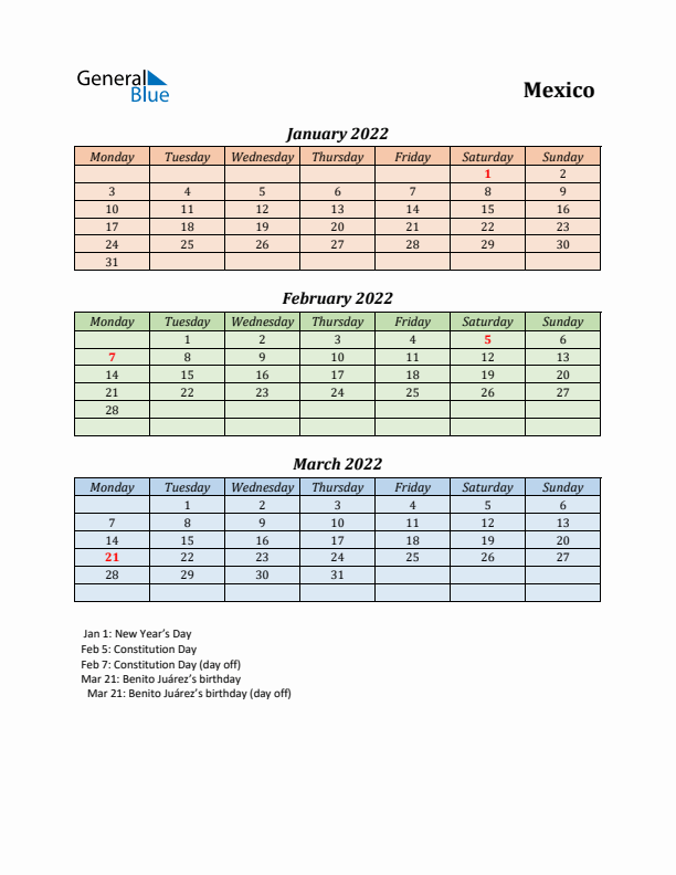 Q1 2022 Holiday Calendar - Mexico