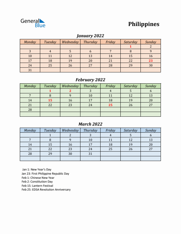Q1 2022 Holiday Calendar - Philippines