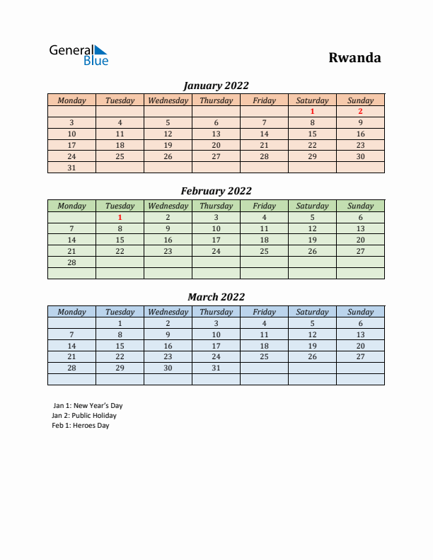 Q1 2022 Holiday Calendar - Rwanda