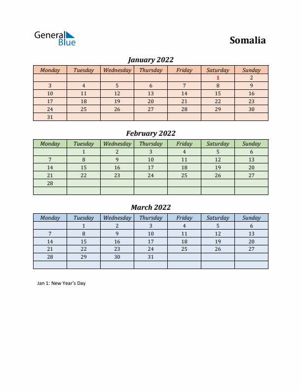 Q1 2022 Holiday Calendar - Somalia