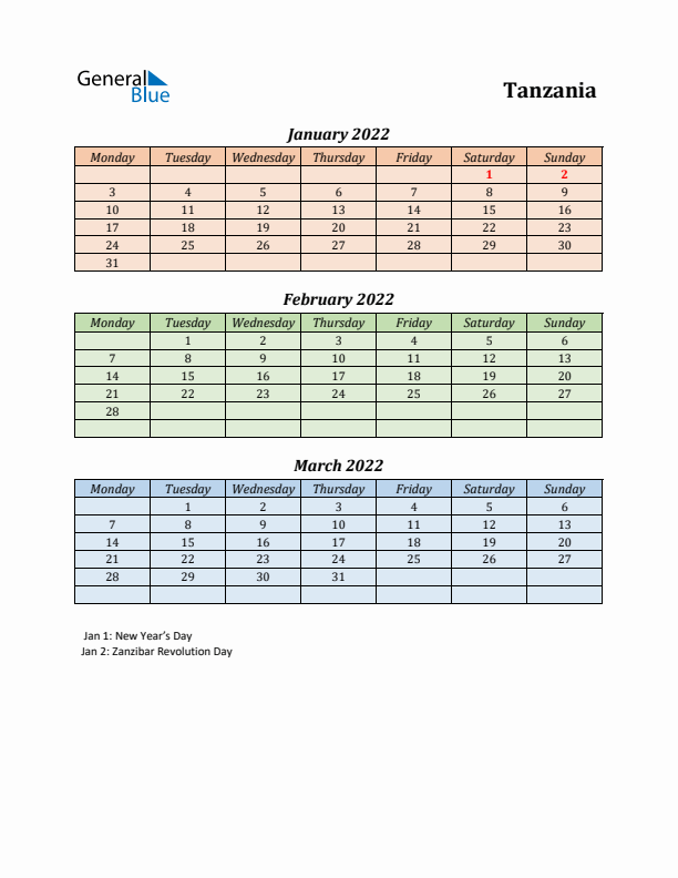 Q1 2022 Holiday Calendar - Tanzania