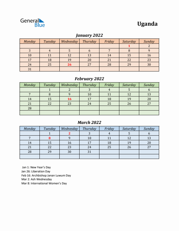 Q1 2022 Holiday Calendar - Uganda