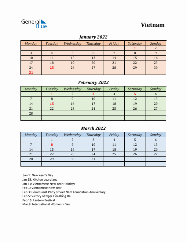 Q1 2022 Holiday Calendar - Vietnam
