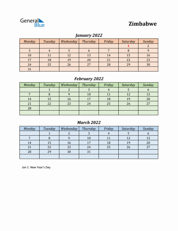 Q1 2022 Holiday Calendar - Zimbabwe
