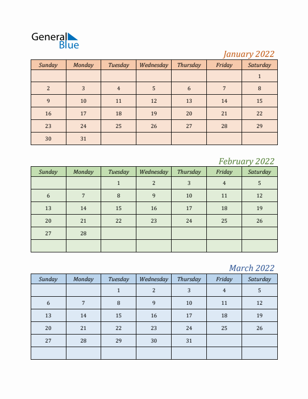 Three-Month Calendar for Year 2022 (January, February, and March)