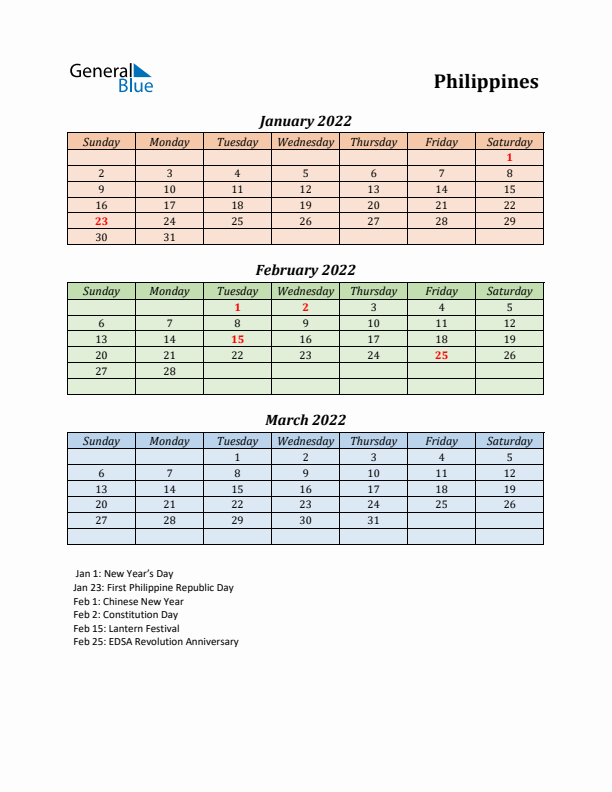 Q1 2022 Holiday Calendar - Philippines