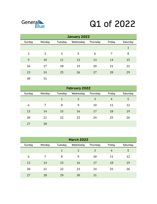 2022 q1 three month quarterly calendar