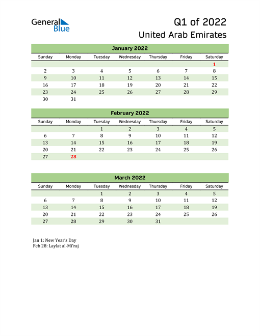  Quarterly Calendar 2022 with United Arab Emirates Holidays 