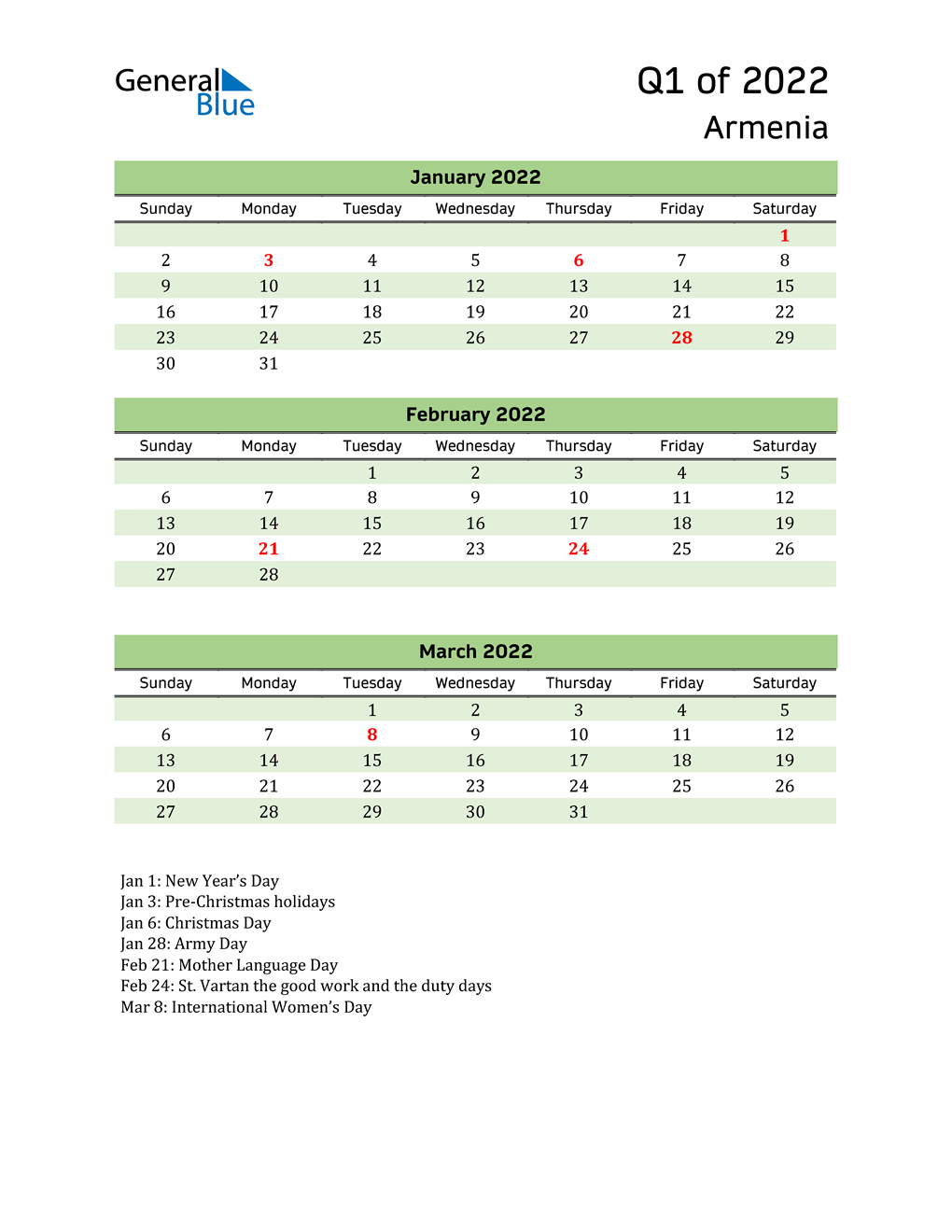  Quarterly Calendar 2022 with Armenia Holidays 