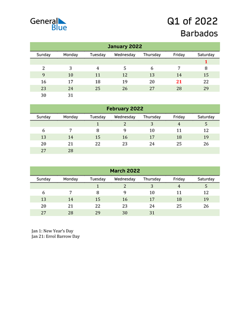  Quarterly Calendar 2022 with Barbados Holidays 
