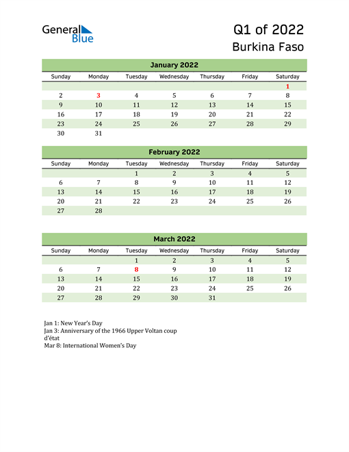 Quarterly Calendar 2022 with Burkina Faso Holidays 