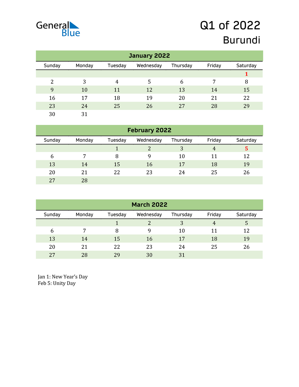  Quarterly Calendar 2022 with Burundi Holidays 