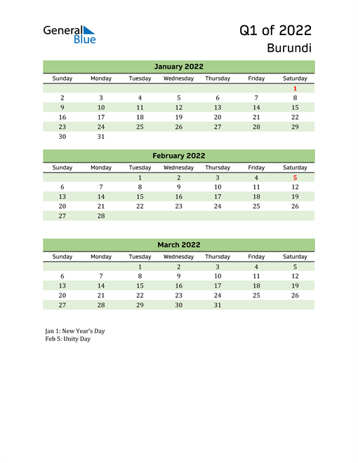  Quarterly Calendar 2022 with Burundi Holidays 